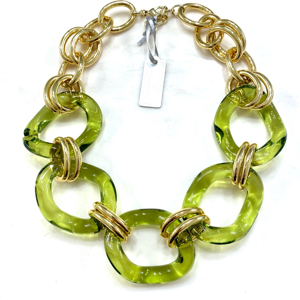 Gold-Tone Chain Necklace With Olive Green Resin Links